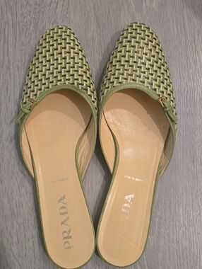 Prada Green & Cream Woven Leather Slip-On Mules